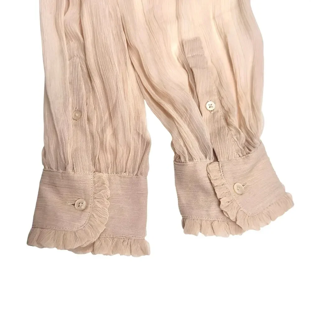 J. Crew | Women | Tan Ruffle Sheer Crinkle Chiffon Button Up Blouse | Sz 2
